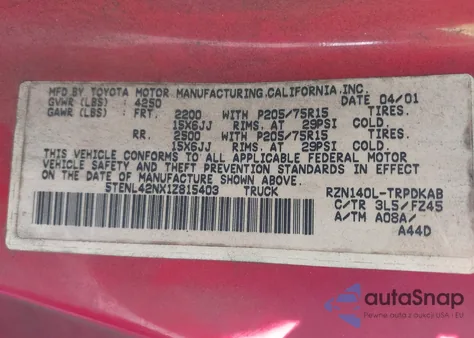 2001 Toyota Tacoma z USA, uszkodzony, nr VIN 5TENL42NX1Z815403